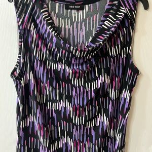 Nine West Black Sleeveless Cowl Neck Top with Purple, Pink & White Print